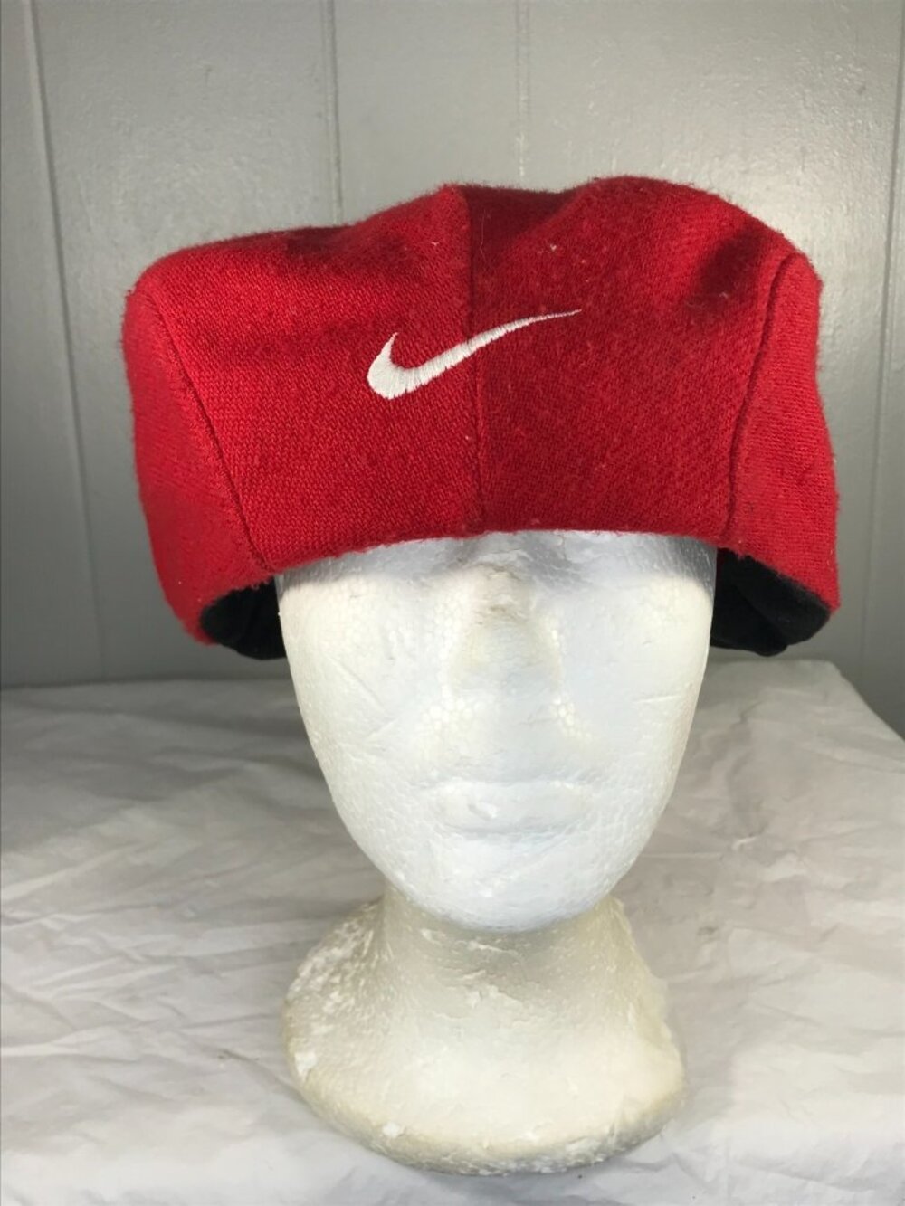 Vintage Nike Swoosh Logo Red Flat Cap XL Wool Newsboy Cabbie Golf Hat Made USA
